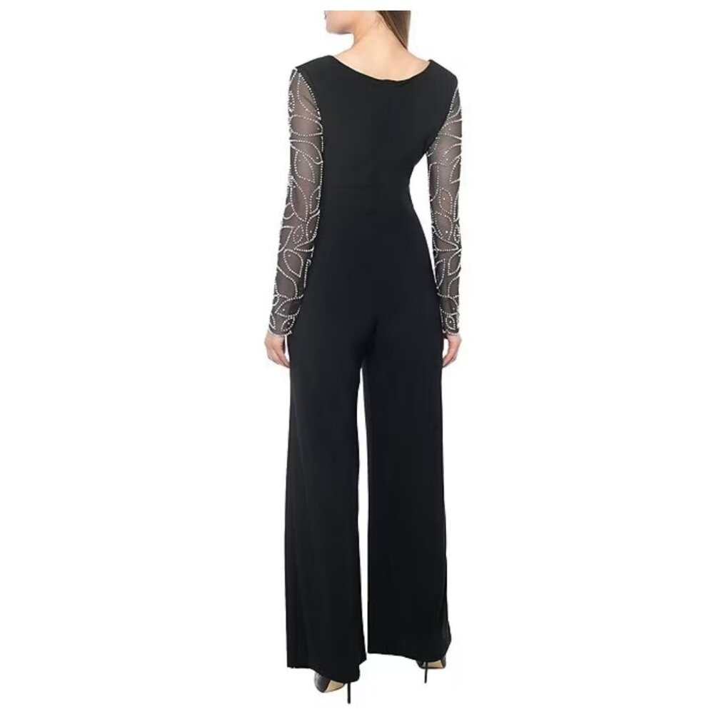 Marina Matte Jersey Sheer Beaded V-Neck Knot Bodice Jumpsuit - Picture 3 of 14